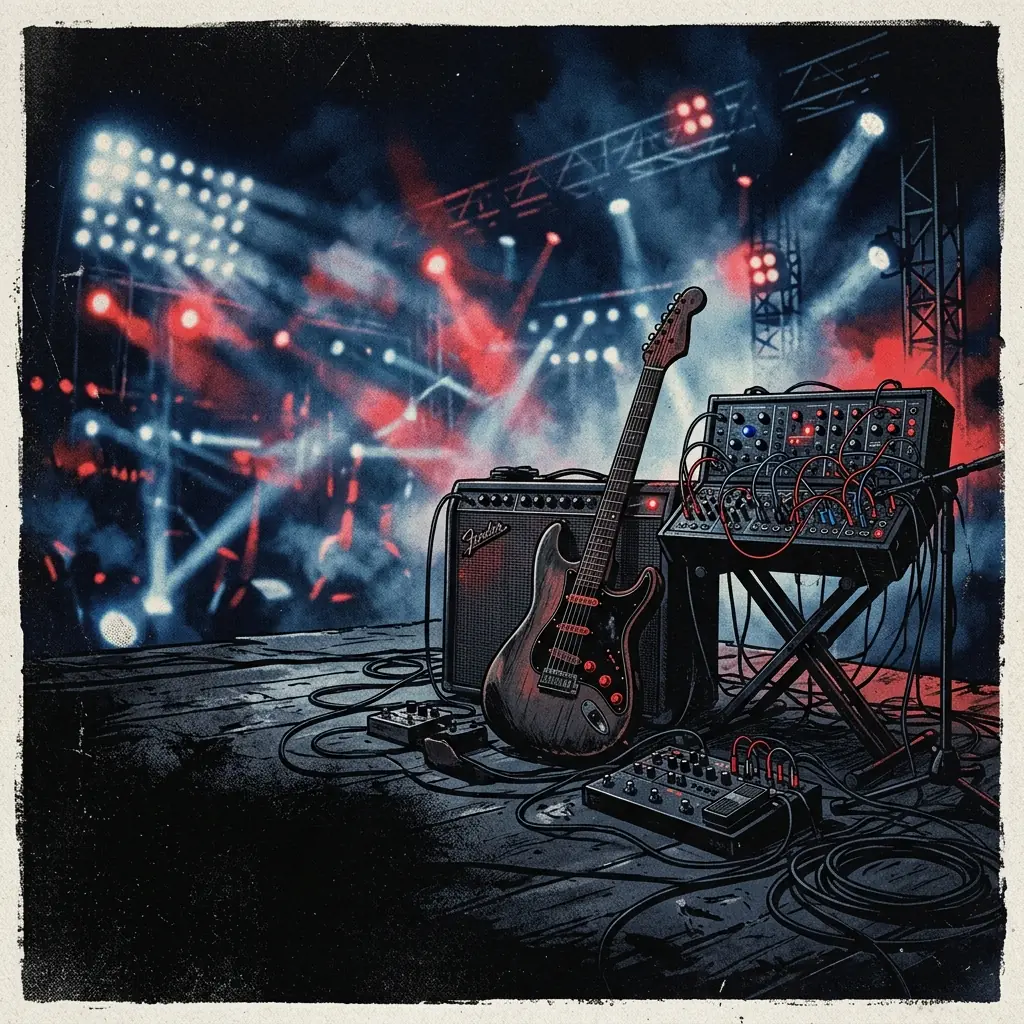 ilustración tributo de sintetizadores y guitarras eléctricas sobre un fondo de luces de estadio en tonos azules y rojos, atmósfera de rock electrónico nocturno, sin rostros ni logos, paleta rojo y negro