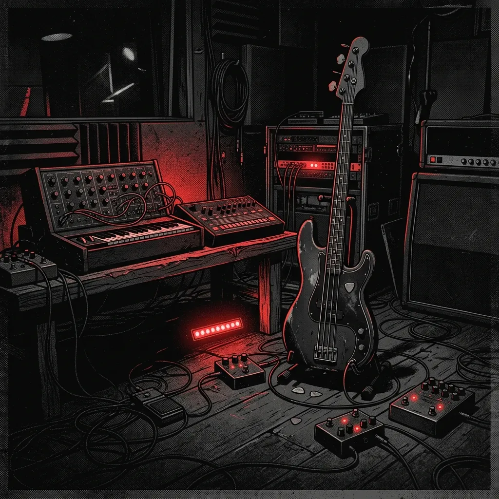 ilustración tributo de un bajo eléctrico y sintetizadores con luces rojas y negras en un estudio oscuro, atmósfera de dark rock post-punk con elementos electrónicos, sin texto ni logotipos, paleta rojo y negro