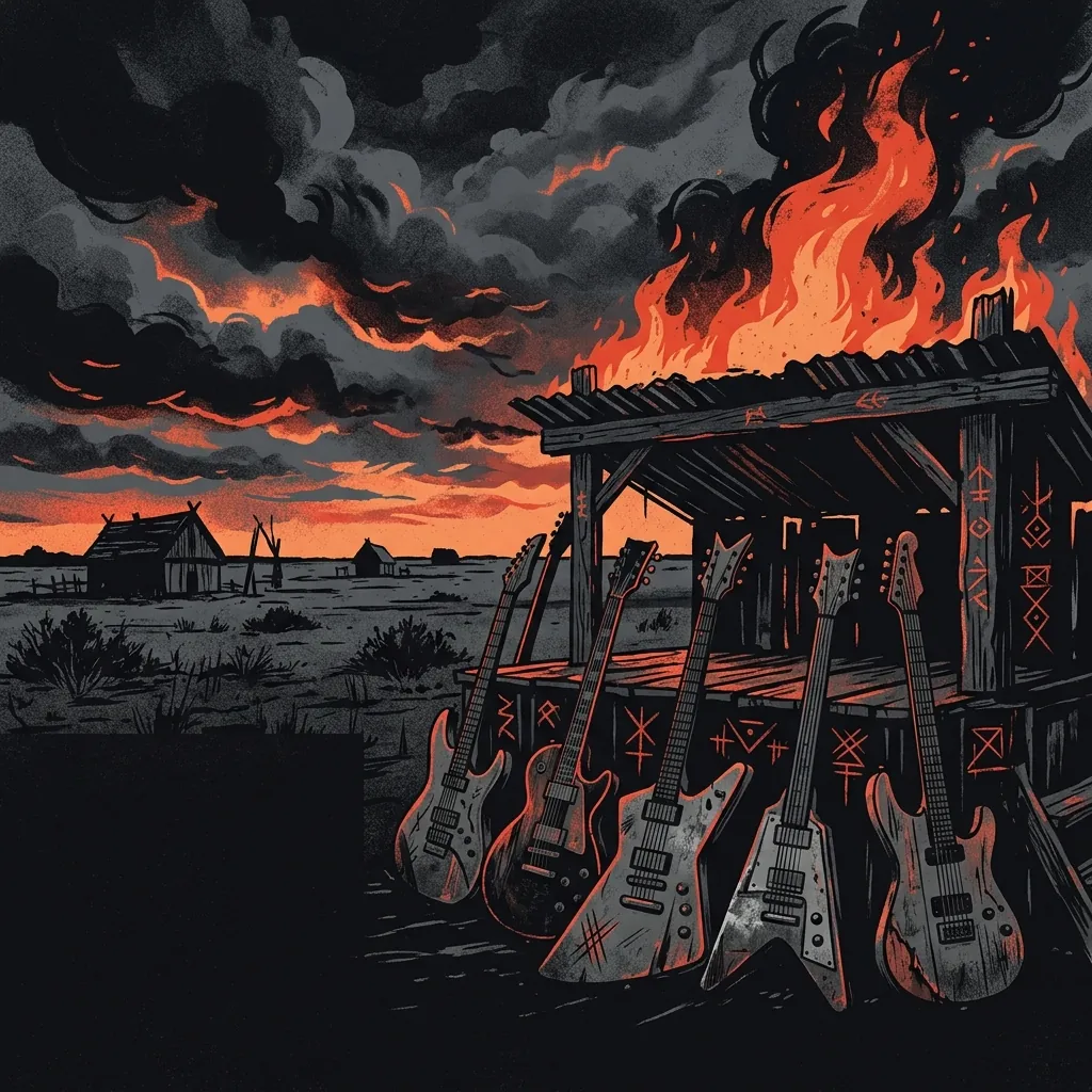 ilustración tributo de un guitarrista en silueta frente a un cielo de tormenta sobre la llanura húngara, llamas al fondo, atmósfera intensa y tribal, paleta rojo y negro, sin rostros reconocibles ni logos