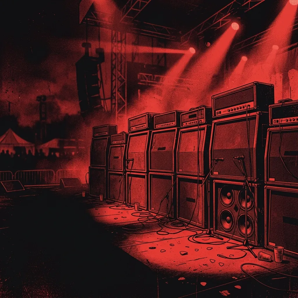 ilustración tributo de muros de amplificadores bajo luz roja en un escenario de festival de metal europeo, siluetas de puños alzados y energía desbordante, paleta rojo y negro, sin rostros ni logos