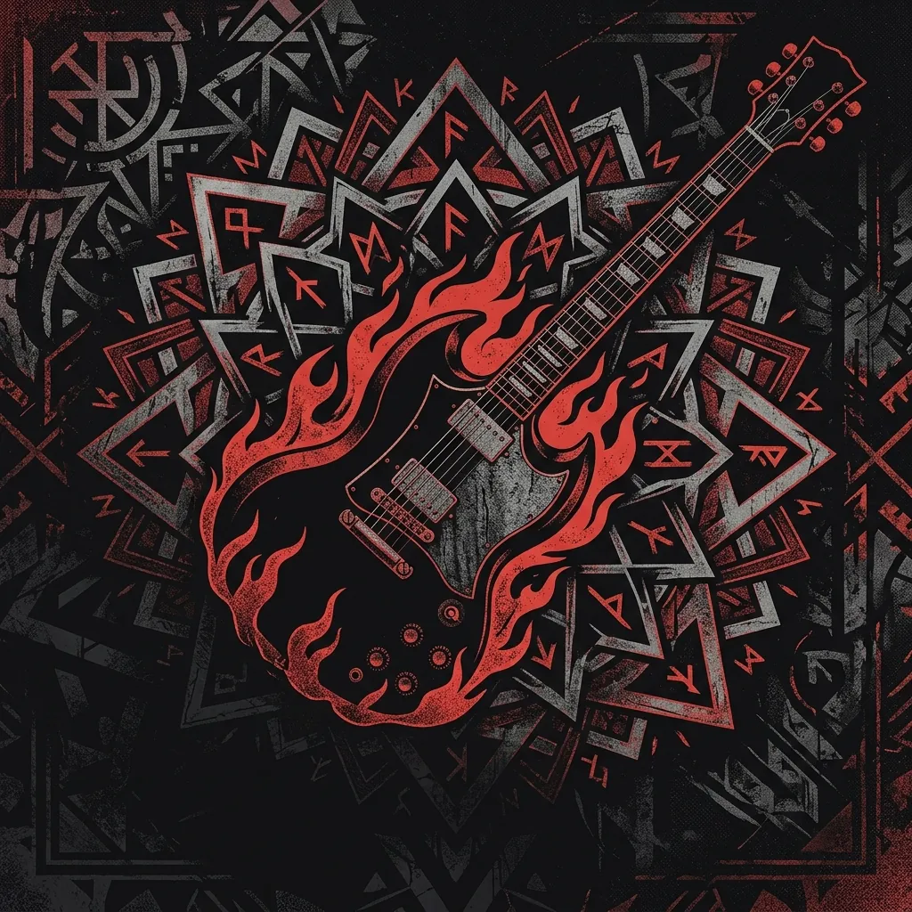 ilustración tributo de una guitarra eléctrica rodeada de símbolos geométricos de inspiración gitana y llamas sobre fondo negro, textura tribal, paleta rojo y negro intenso, sin texto ni logotipos