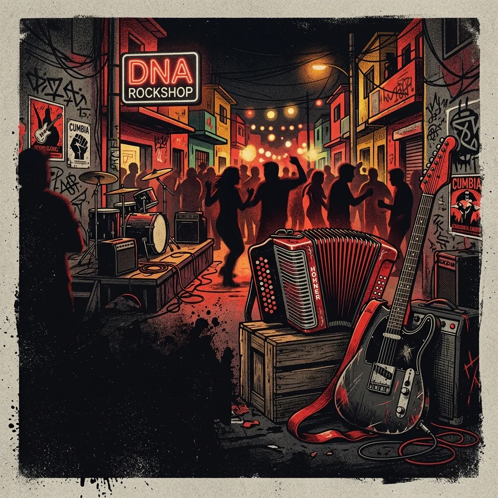 ilustración tributo de un barrio popular de Monterrey con instrumentos de cumbia y rock mezclados, acordeón y guitarra eléctrica, paleta rojo y negro festiva, sin rostros ni logos