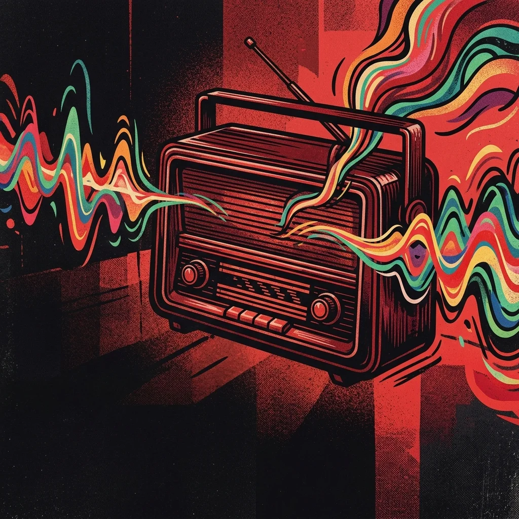 ilustración tributo de una radio vintage rodeada de ondas sonoras coloridas con motivos de cumbia y hip-hop, fondo rojo y negro, estética callejera, sin rostros ni logos