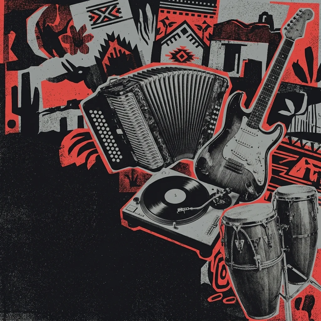ilustración tributo de un collage de instrumentos —acordeón, tornamesa, guitarra, congas— sobre un fondo de cultura popular norteña, paleta rojo y negro, sin texto ni logotipos