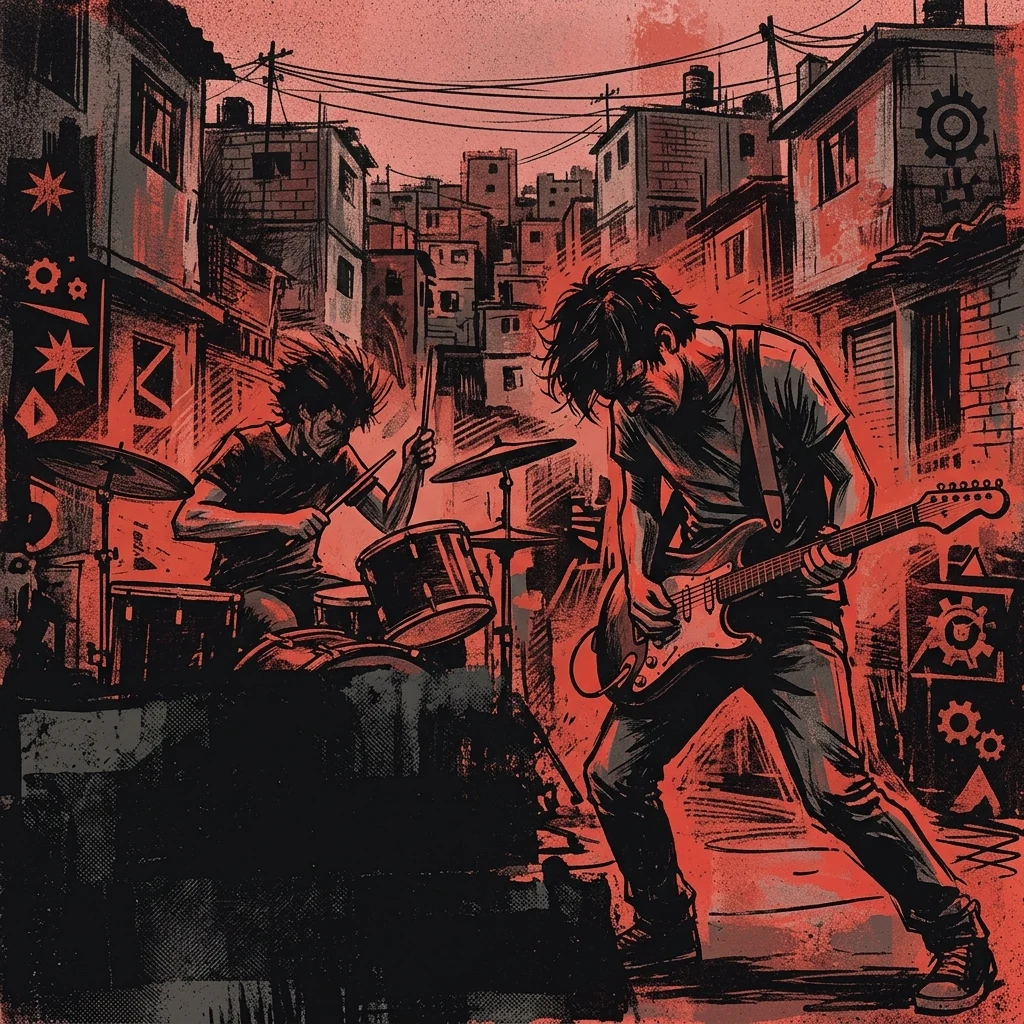 ilustración tributo de dos jóvenes tocando rock en una colonia popular de la Ciudad de México en 1968, estilo cartel vintage rojo y negro, sin rostros reales, gritty urbano