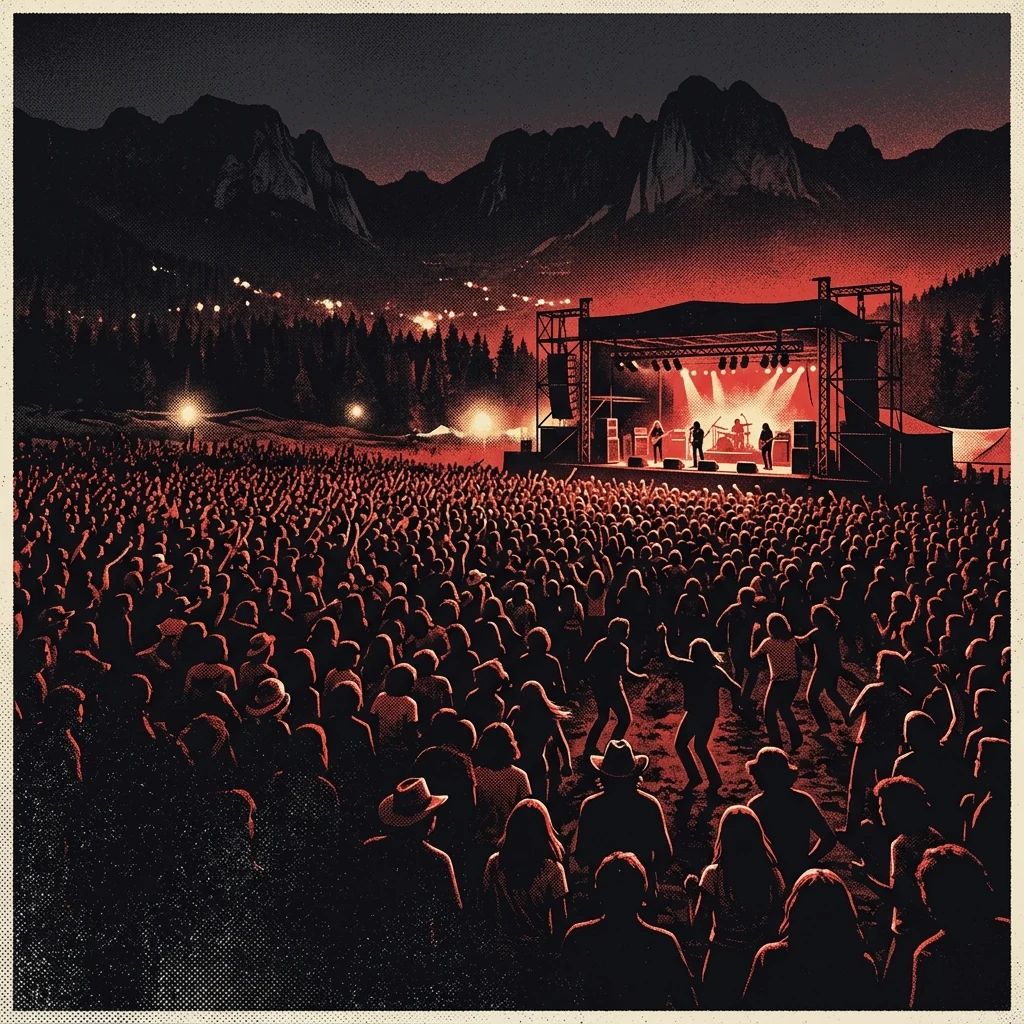 ilustración tributo del festival de Avándaro 1971, multitud inmensa y escenario al aire libre entre montañas al anochecer, sin rostros, estilo cartel vintage rojo y negro, sin logos ni textos