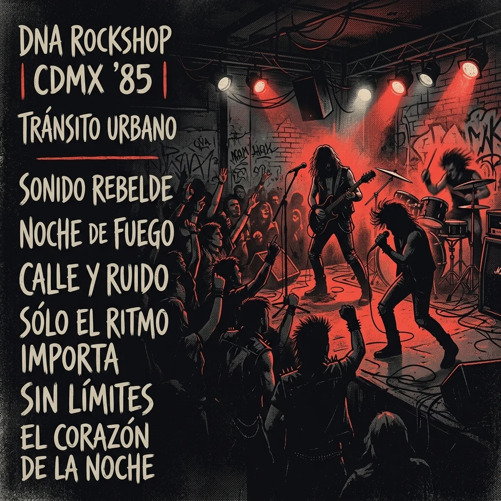 ilustración tributo de un escenario de rock urbano en la Ciudad de México en los años 80, cartel vintage estilo gritty con tipografía en español, colores rojo y negro, sin rostros ni logos