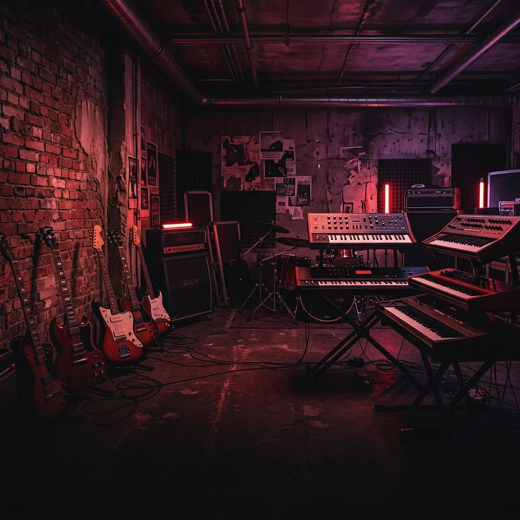 ilustración tributo de una sala de ensayo con teclados, guitarras eléctricas y sintetizadores bajo luz roja y ultravioleta, atmósfera industrial alemana del Ruhr, paleta rojo y negro, sin rostros reconocibles ni logos