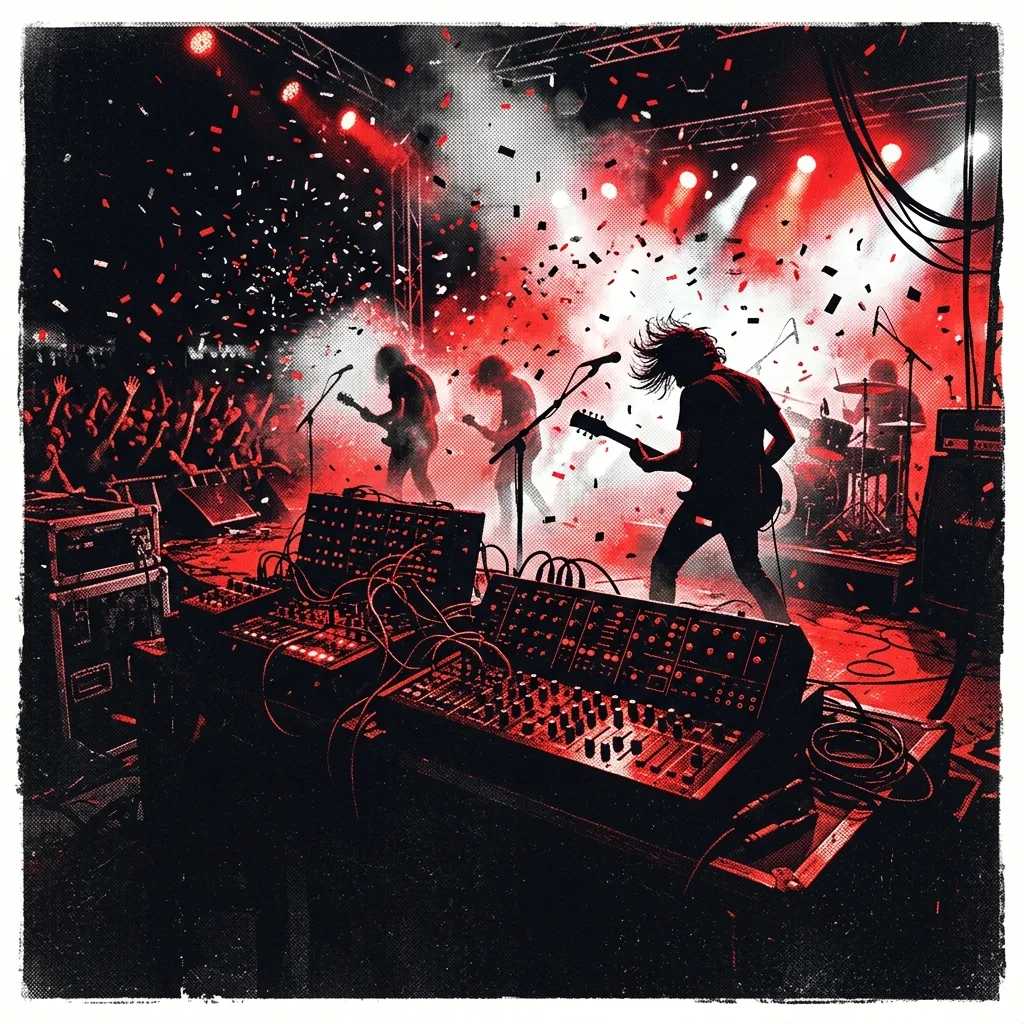 ilustración tributo de un escenario de festival nocturno con luces estroboscópicas en rojo y blanco, sintetizadores en primer plano y guitarras eléctricas al fondo, humo de máquina y confeti, paleta rojo y negro, sin rostros reconocibles ni logos