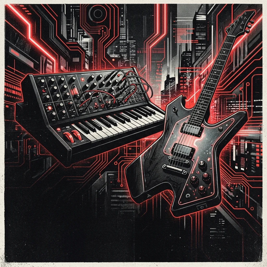 ilustración tributo de un sintetizador analógico y una guitarra eléctrica compartiendo el primer plano sobre un fondo de circuitos y luces de neón rojas y negras, sin texto ni logotipos, estética electronicore futurista
