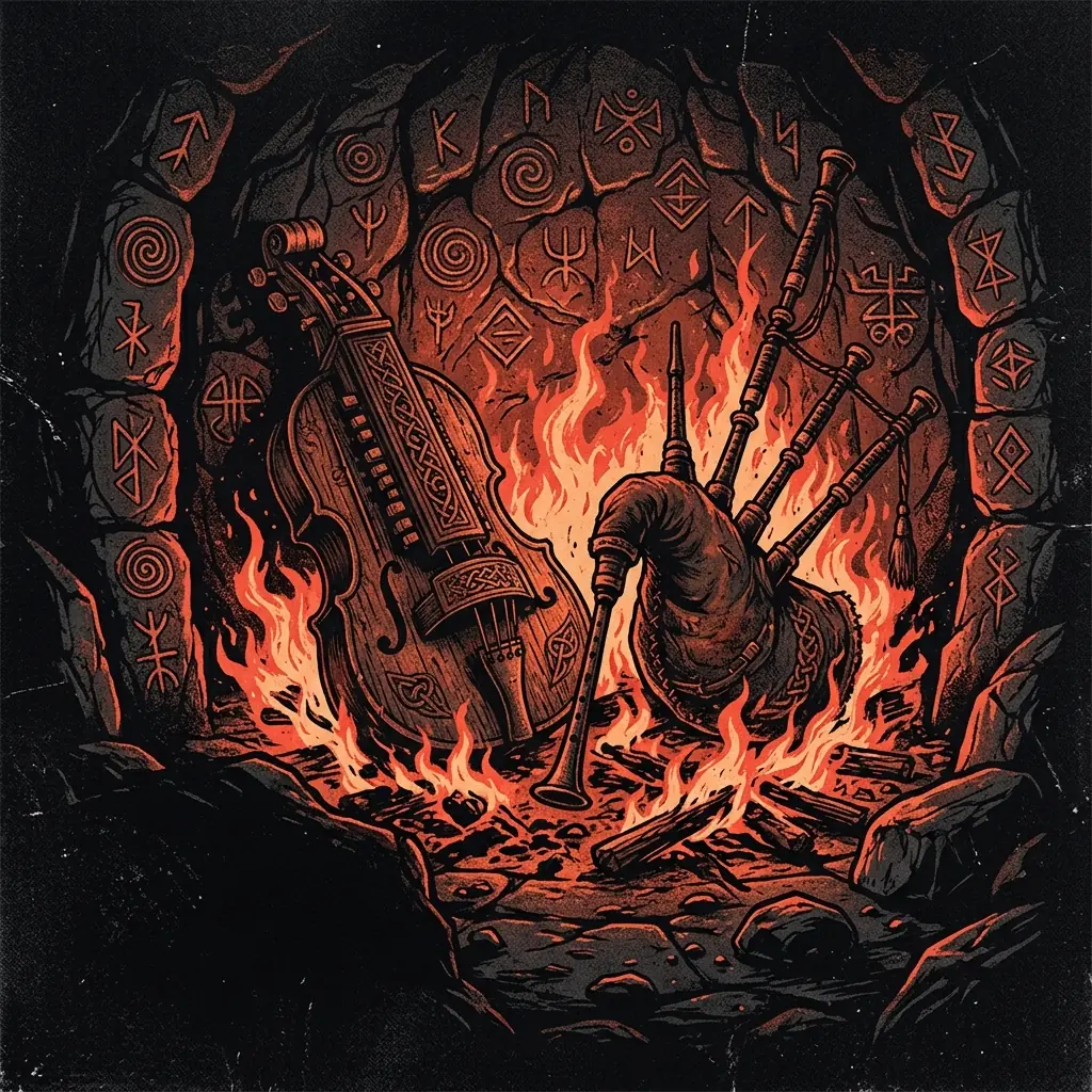 ilustración tributo de una zanfona y una gaita entre llamas y runas galas grabadas en piedra, atmósfera folk metal celta de los años 2000, sin rostros reconocibles ni logos, paleta rojo y negro con destellos de luz druídica