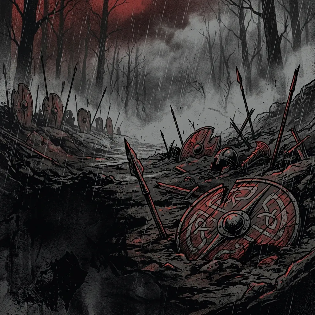 ilustración tributo de un campo de batalla galo bajo lluvia con escudos celtas y lanzas rotas, atmósfera épica de las Guerras Gálicas, folk metal extremo europeo, sin rostros ni logos, paleta rojo y negro profundo con niebla