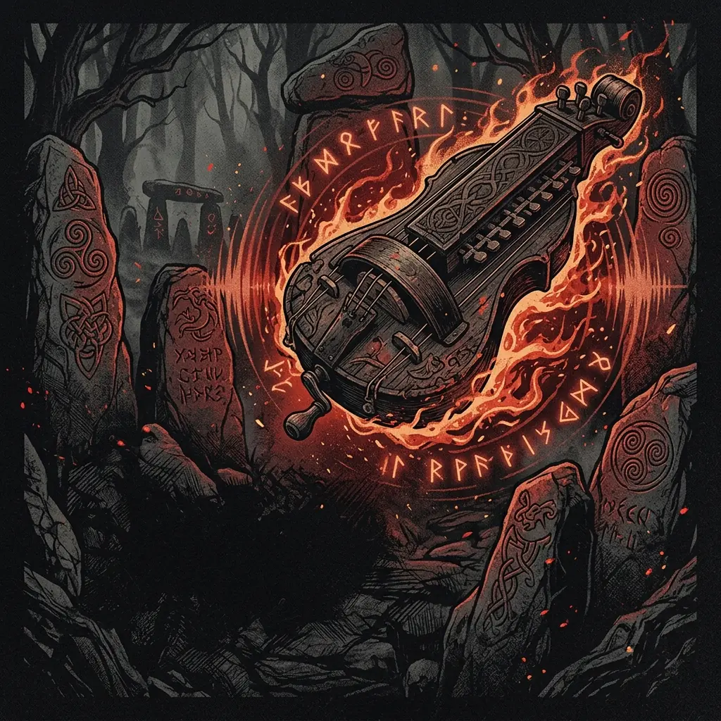 ilustración tributo de una zanfona flotando entre runas galas y ondas de sonido que se transforman en llamas, rodeada de símbolos druídicos en piedra, atmósfera folk metal celta, sin texto ni logotipos, paleta rojo y negro con destellos ámbar