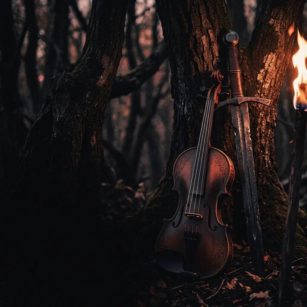 ilustración tributo de un violín eléctrico apoyado contra una espada medieval bajo la luz de antorchas en un bosque de robles, atmósfera folk power metal Italia finales de los 90, sin rostros reconocibles ni logos, paleta rojo y negro