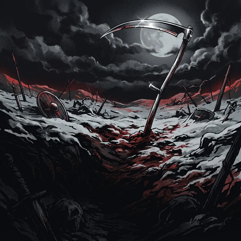 ilustración tributo de una guadaña plateada sobre un campo de batalla nevado bajo luna llena, atmósfera heavy metal oscuro y épico, sin rostros ni logos, paleta rojo y negro con destellos de plata