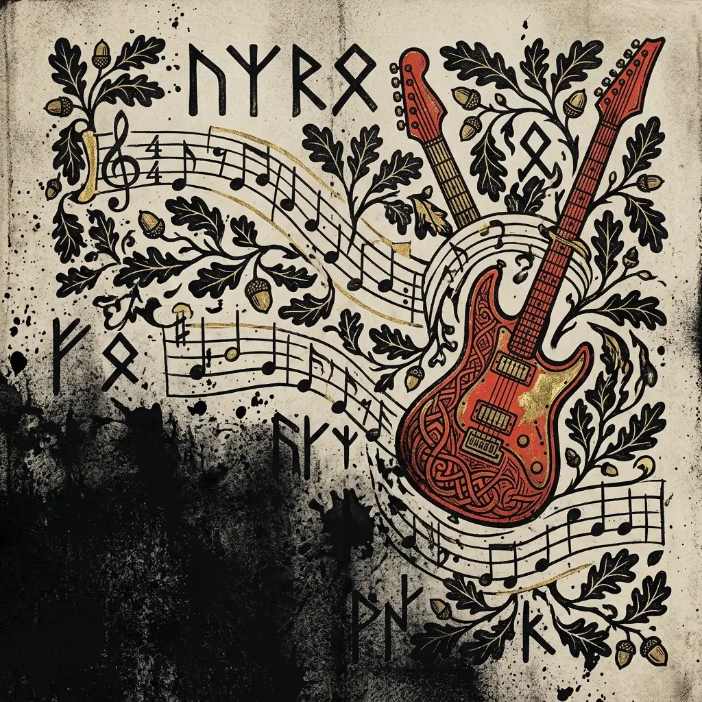 ilustración tributo de un manuscrito medieval iluminado con notas musicales entrelazadas entre runas y motivos de hoja de roble, guitarras eléctricas dibujadas como instrumentos heráldicos, sin texto legible ni logotipos, paleta rojo y negro con detalles dorados envejecidos