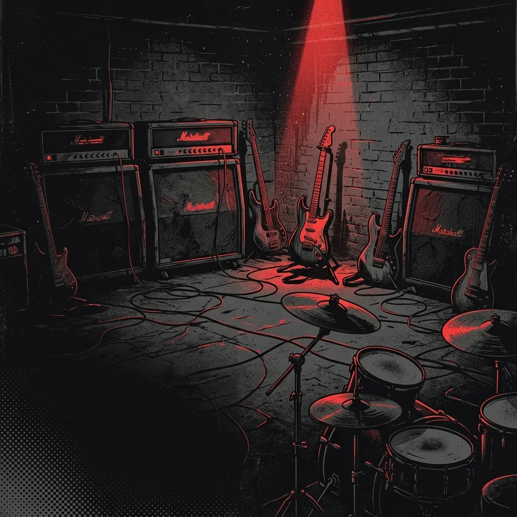 ilustración tributo de una banda en un sótano de ensayo con amplificadores y guitarras encendidas, atmósfera oscura e industrial, luces rojas y sombras pronunciadas, sin rostros reconocibles ni logos
