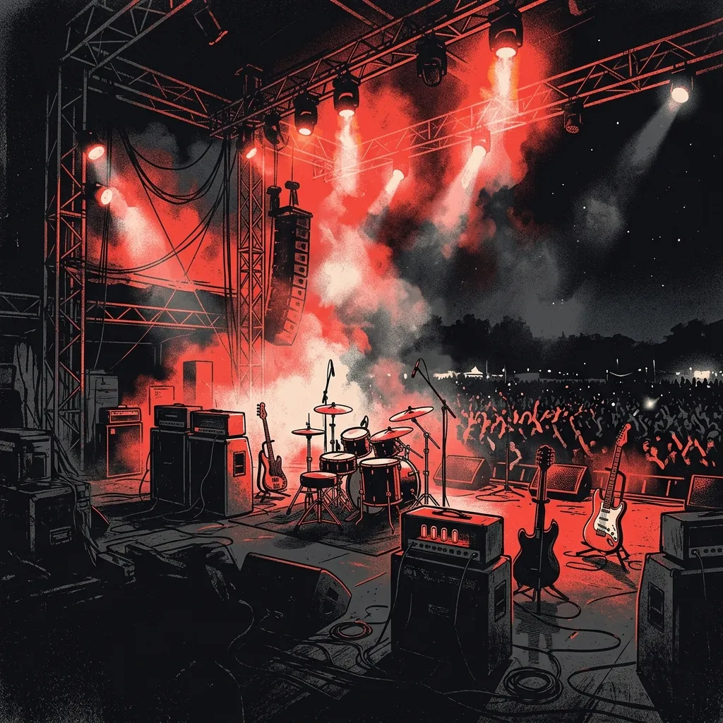 ilustración tributo de un escenario de festival al aire libre en noche de verano con reflectores y humo, energía de concierto masivo, paleta rojo y negro, sin rostros ni logos