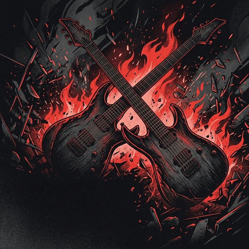 ilustración tributo de guitarras eléctricas cruzadas sobre un fondo de llamas y destellos metálicos, estética alternative metal contemporánea, paleta rojo y negro intenso, sin texto ni logotipos