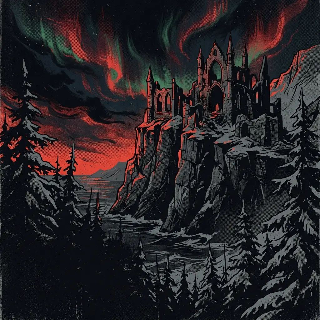 ilustración tributo de un castillo gótico en ruinas sobre un acantilado noruego bajo cielo nocturno con aurora boreal, pinos oscuros nevados en primer plano, atmósfera de black metal sinfónico segunda ola, sin rostros reconocibles ni logos, paleta rojo y negro
