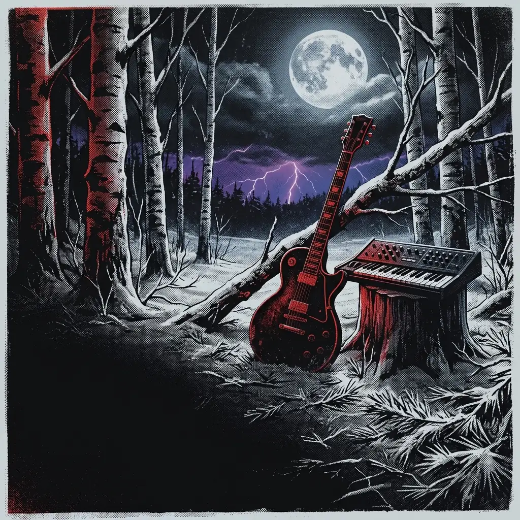 ilustración tributo de una guitarra eléctrica y un teclado sintetizador entre árboles de un bosque nórdico helado bajo luna llena, relámpagos purpúreos en el horizonte, atmósfera sinfónica y oscura, sin rostros ni logos, paleta rojo y negro