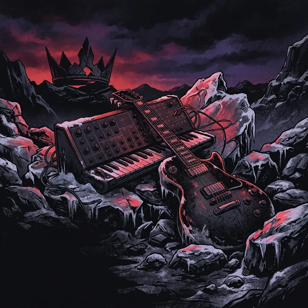 ilustración tributo de un teclado sintetizador y una guitarra eléctrica entrelazados sobre piedras cubiertas de hielo en un paisaje noruego nocturno, corona fragmentada en el fondo, luz roja y violeta en el cielo, sin texto ni logotipos, paleta rojo y negro