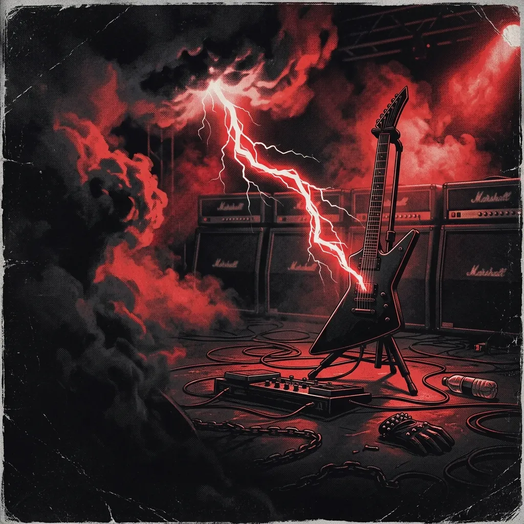 ilustración tributo de una guitarra eléctrica disparando rayos sobre un escenario oscuro con humo rojo y negro, atmósfera de speed metal escandinavo años 2000, sin rostros reconocibles ni logos