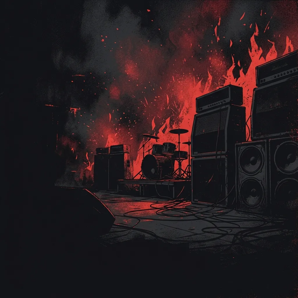 ilustración tributo de un escenario en llamas con amplificadores apilados y destellos rojos sobre fondo negro, estética NWOTHM contemporánea, sin rostros ni logos reconocibles