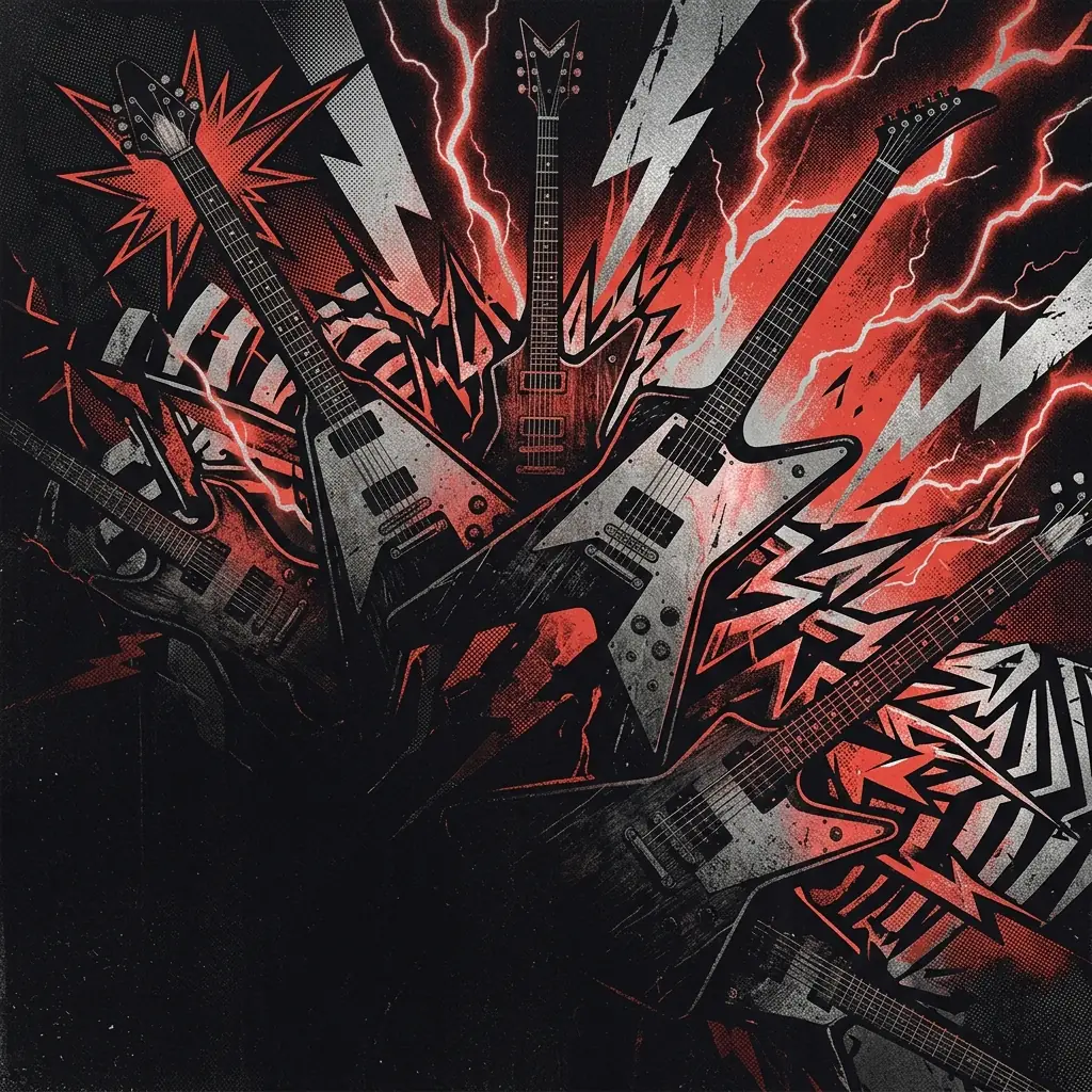 ilustración tributo de un collage de guitarras eléctricas, relámpagos y motivos de speed metal sobre fondo negro con destellos rojo y plata, sin texto ni logotipos ni caras reconocibles