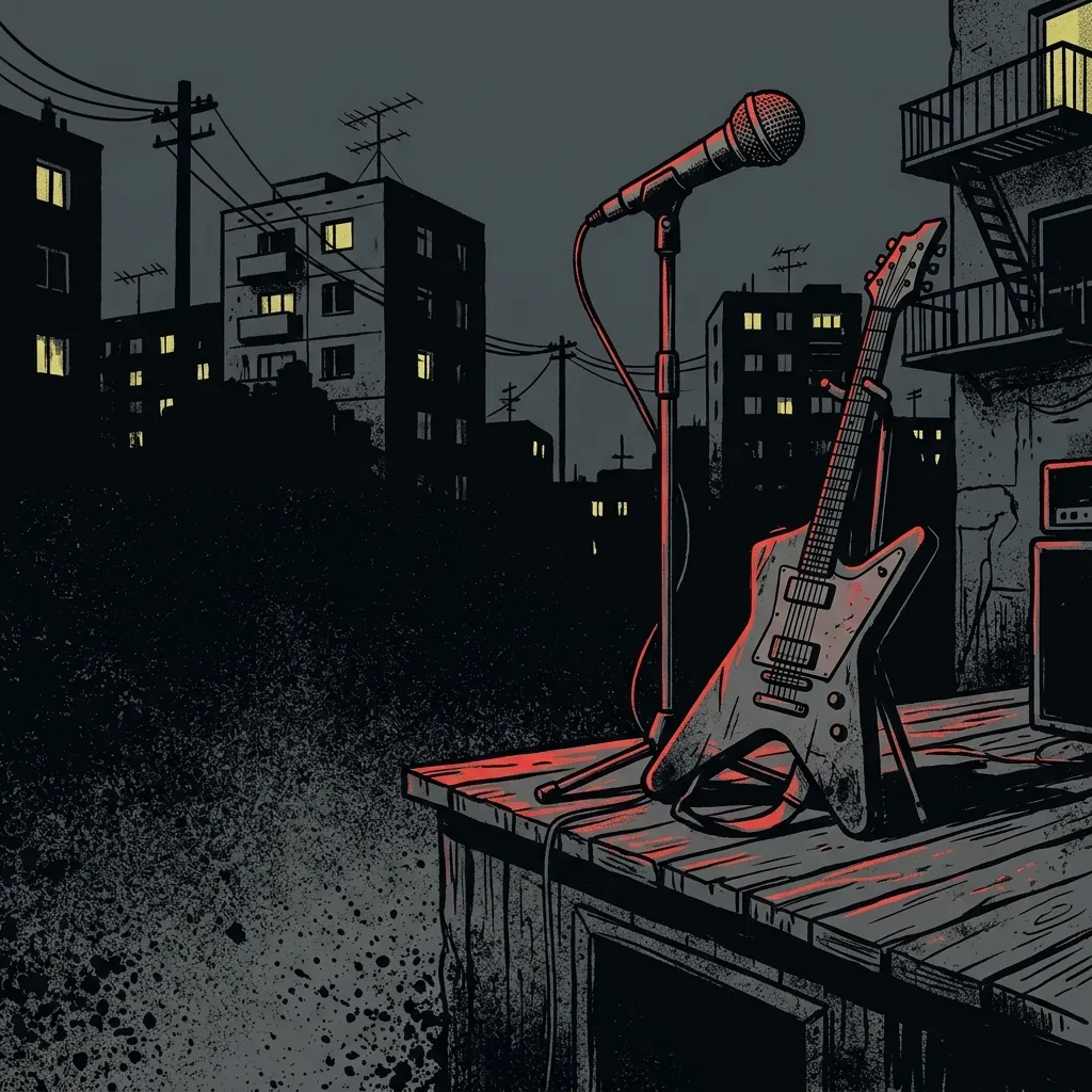 ilustración tributo de una guitarra eléctrica y un micrófono en un escenario de barrio berlín nocturno, bloques de apartamentos al fondo, atmósfera cruda y enérgica, paleta rojo y negro, sin rostros reconocibles ni logos