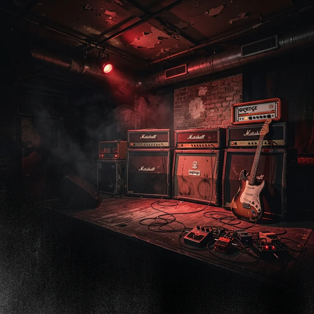 ilustración tributo de amplificadores encendidos en un local pequeño repleto de gente, atmósfera de concierto punk underground berlín, humo y luz roja, paleta rojo y negro, sin rostros ni logos