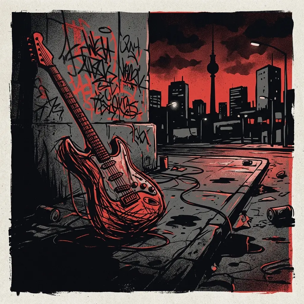 ilustración tributo de una guitarra distorsionada en primer plano con un skyline nocturno de Berlín al fondo, grafiti abstracto en la pared, atmósfera punk urbana, paleta rojo y negro, sin texto ni logotipos