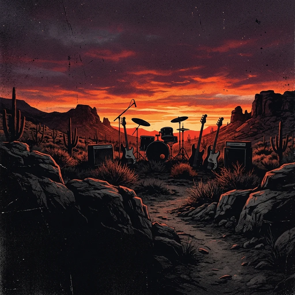 ilustración tributo de un paisaje árido de Zacatecas al atardecer con instrumentos de rock en silueta, atmósfera melancólica, paleta rojo y negro, sin rostros ni logos