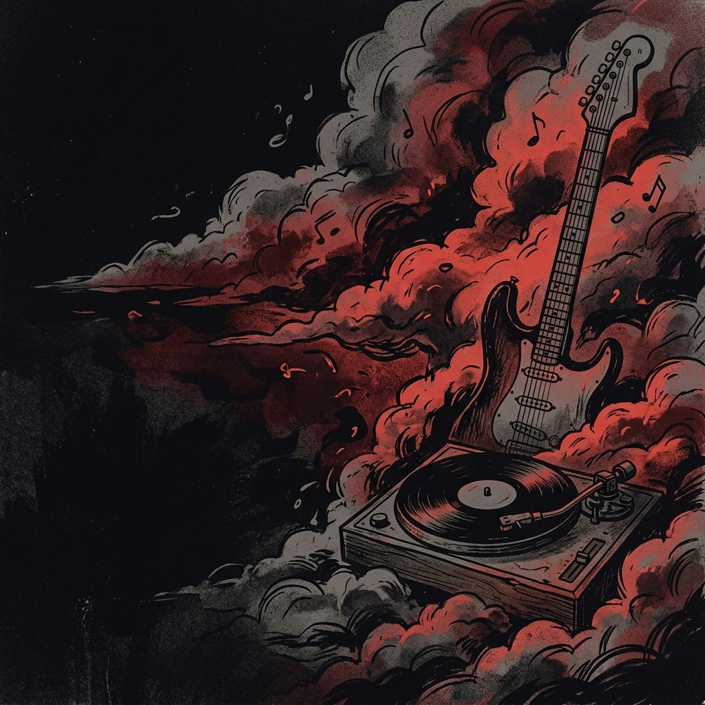 ilustración tributo de un tocadiscos y una guitarra entre nubes melancólicas con tonos cálidos, atmósfera nostálgica, paleta rojo y negro, sin texto ni logotipos