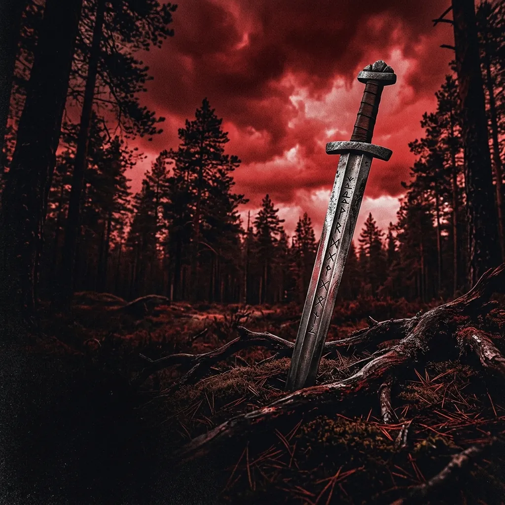 ilustración tributo de una espada clavada en la tierra de un bosque de pinos finlandés bajo un cielo rojo de tormenta, runas nórdicas grabadas en la hoja de acero, atmósfera folk metal épico del norte, sin rostros reconocibles ni logos, paleta rojo y negro con destellos plateados