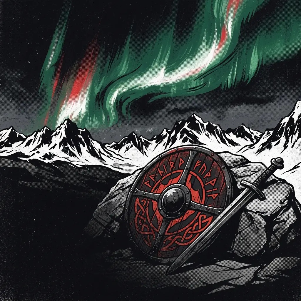ilustración tributo de un guerrero nórdico de espaldas mirando un horizonte de montañas nevadas bajo una aurora boreal, escudo y espada al costado, folk metal épico finlandés, sin rostros reconocibles ni logos, paleta rojo y negro con destellos de luz verde del norte