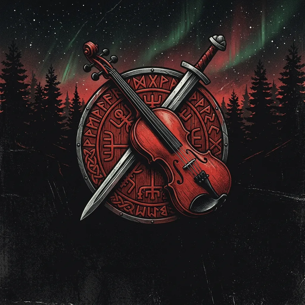 ilustración tributo de un violín y una espada cruzados sobre un escudo nórdico tallado, rodeados de runas y pinos bajo un cielo estrellado del norte de Finlandia, atmósfera folk metal épico, sin texto ni logotipos, paleta rojo y negro con destellos de acero plateado y verde aurora
