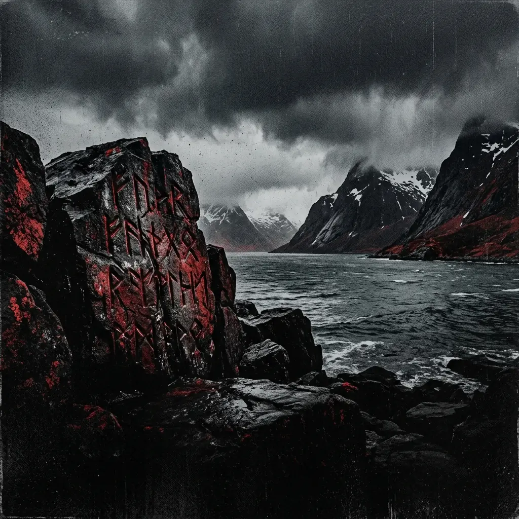 ilustración tributo de runas vikingas talladas en roca oscura húmeda junto a un fiordo noruego bajo cielo tormentoso, ambiente de metal vikingo años 90, sin rostros reconocibles ni logos, paleta rojo y negro