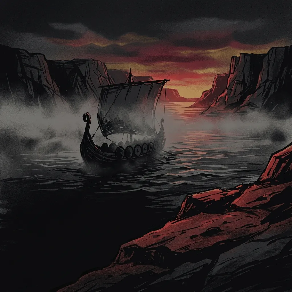 ilustración tributo de un barco vikingo en la niebla de un fiordo oscuro, luz rojiza en el horizonte entre acantilados, atmósfera de metal progresivo escandinavo, sin rostros ni logos reconocibles, paleta rojo y negro