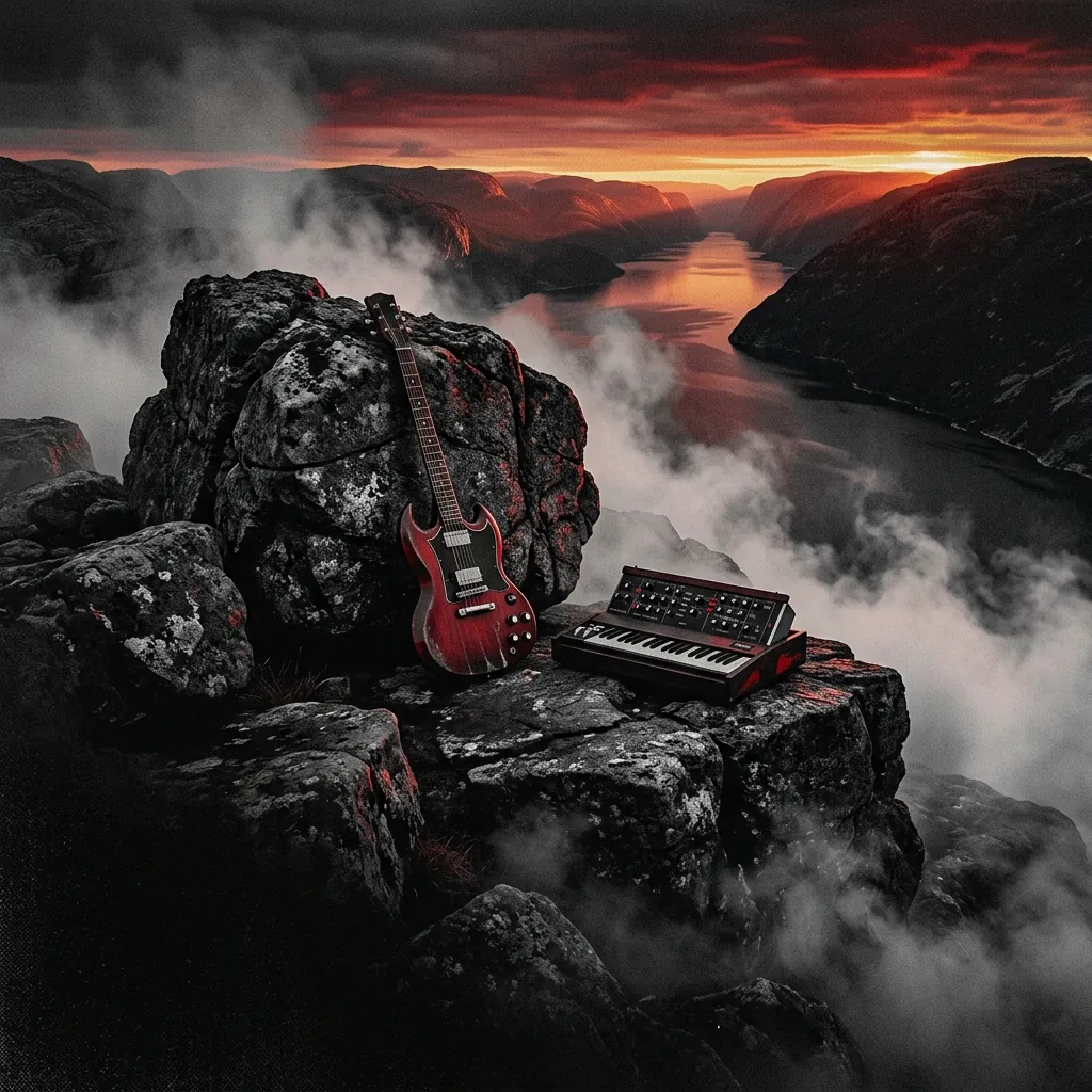 ilustración tributo de una guitarra eléctrica y un teclado analógico sobre una roca en un fiordo noruego al atardecer, humo de niebla marina, paleta rojo y negro con destellos dorados en el horizonte, sin texto ni logotipos