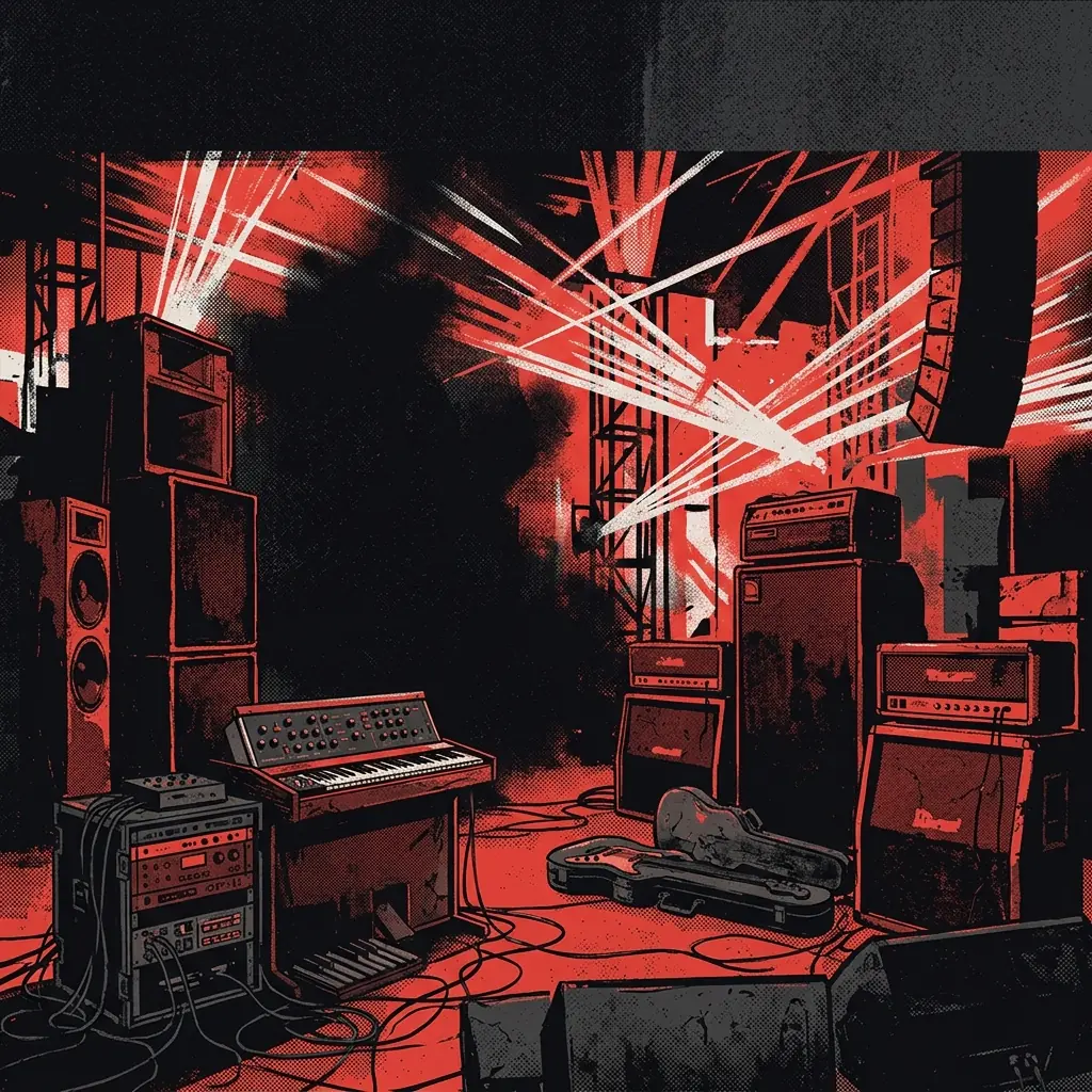 ilustración tributo de un escenario de concierto con luces estroboscópicas en rojo y negro, amplificadores y teclados en primer plano, energía de rave fundida con aparato de hardcore, sin rostros reconocibles ni logos, paleta rojo y negro