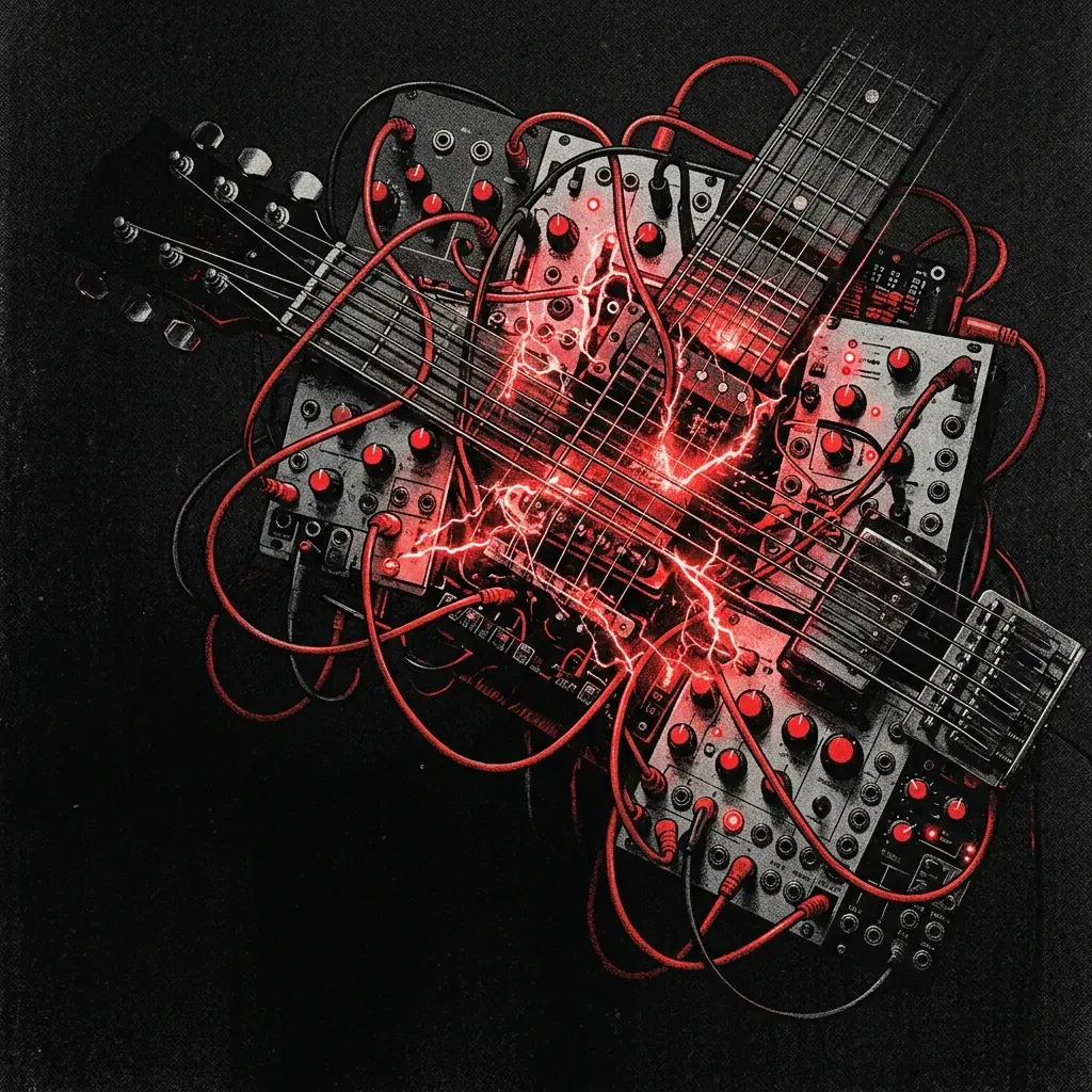 ilustración tributo de un collage de sintetizadores modulares entrelazados con cuerdas de guitarra tensadas, chispas eléctricas en rojo sobre fondo negro profundo, energía contenida a punto de explotar, sin rostros ni logos, paleta rojo y negro