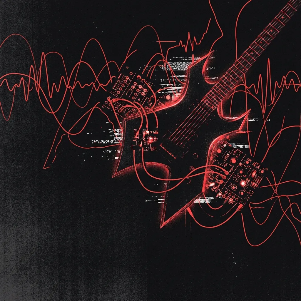 ilustración tributo de ondas sonoras de trance y drum and bass entrelazadas con la silueta de una guitarra eléctrica y un teclado modular, fragmentos de circuitos impresos y estática visual, atmósfera de rave clandestino, paleta rojo y negro, sin texto ni logotipos