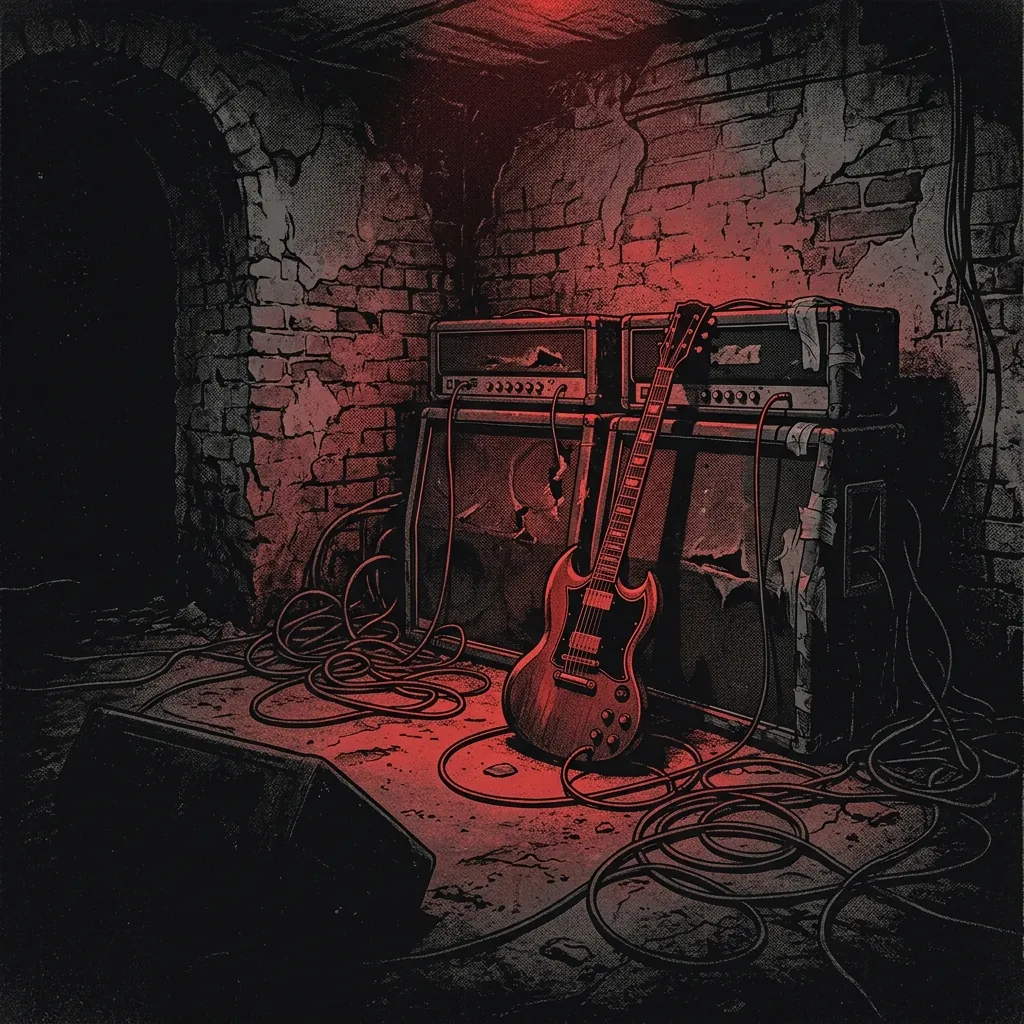ilustración tributo de una mazmorra subterránea de Estocolmo con amplificadores desvencijados, cables entrelazados como raíces y una guitarra abandonada bañada en luz roja tenue, atmósfera Swedish death metal 1989, sin rostros reconocibles ni logos, paleta rojo y negro