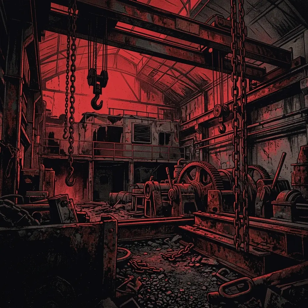 ilustración tributo de un escenario industrial abandonado en Estocolmo con maquinaria oxidada y cadenas colgantes bajo una luz roja carmesí, atmósfera death metal sueco de los 90, sin rostros ni logos reconocibles, paleta rojo y negro con detalles metálicos oscuros
