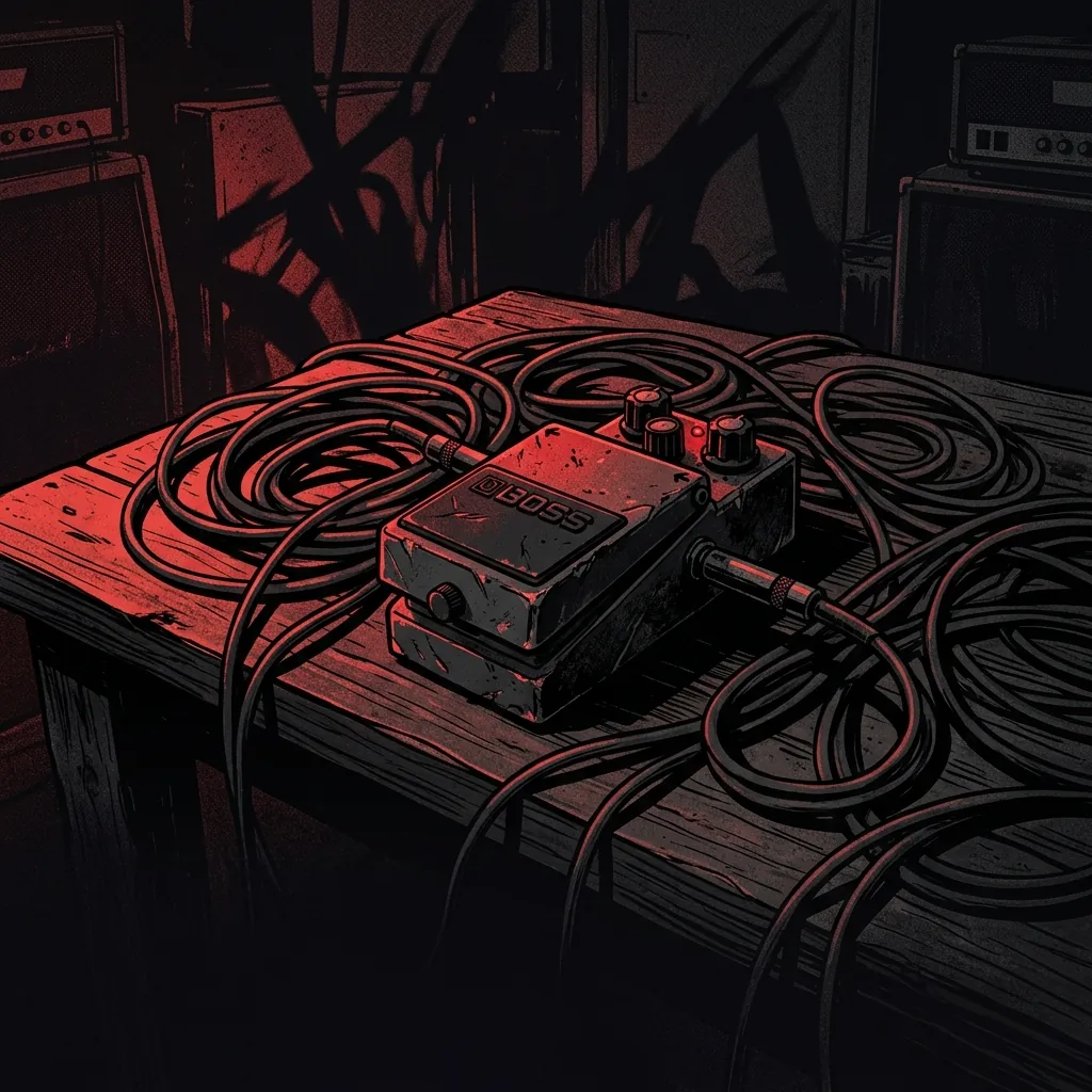 ilustración tributo de un pedal de efectos Boss rodeado de cables enroscados como serpientes sobre una mesa de madera oscura, luz roja lateral que proyecta sombras largas, atmósfera Swedish death metal Sunlight Studios 1990, sin texto ni logotipos, paleta rojo y negro con detalles metálicos