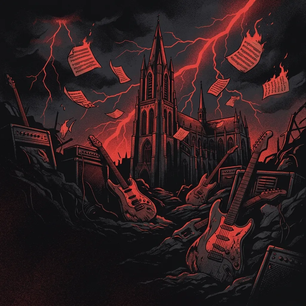 ilustración tributo de una catedral gótica holandesa bajo tormenta eléctrica con partituras orquestales flotando entre relámpagos y guitarras distorsionadas en penumbra, sin rostros reconocibles ni logos, paleta rojo y negro intenso