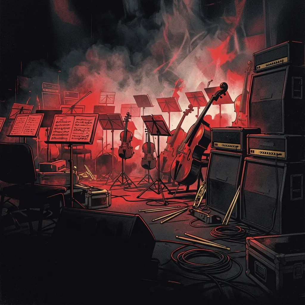 ilustración tributo de una orquesta de cuerdas con atriles envuelta en humo de escenario y luz roja, rodeada de amplificadores y baquetas, metal sinfónico holandés en plena actuación, sin rostros ni logos, paleta rojo y negro con destellos dorados