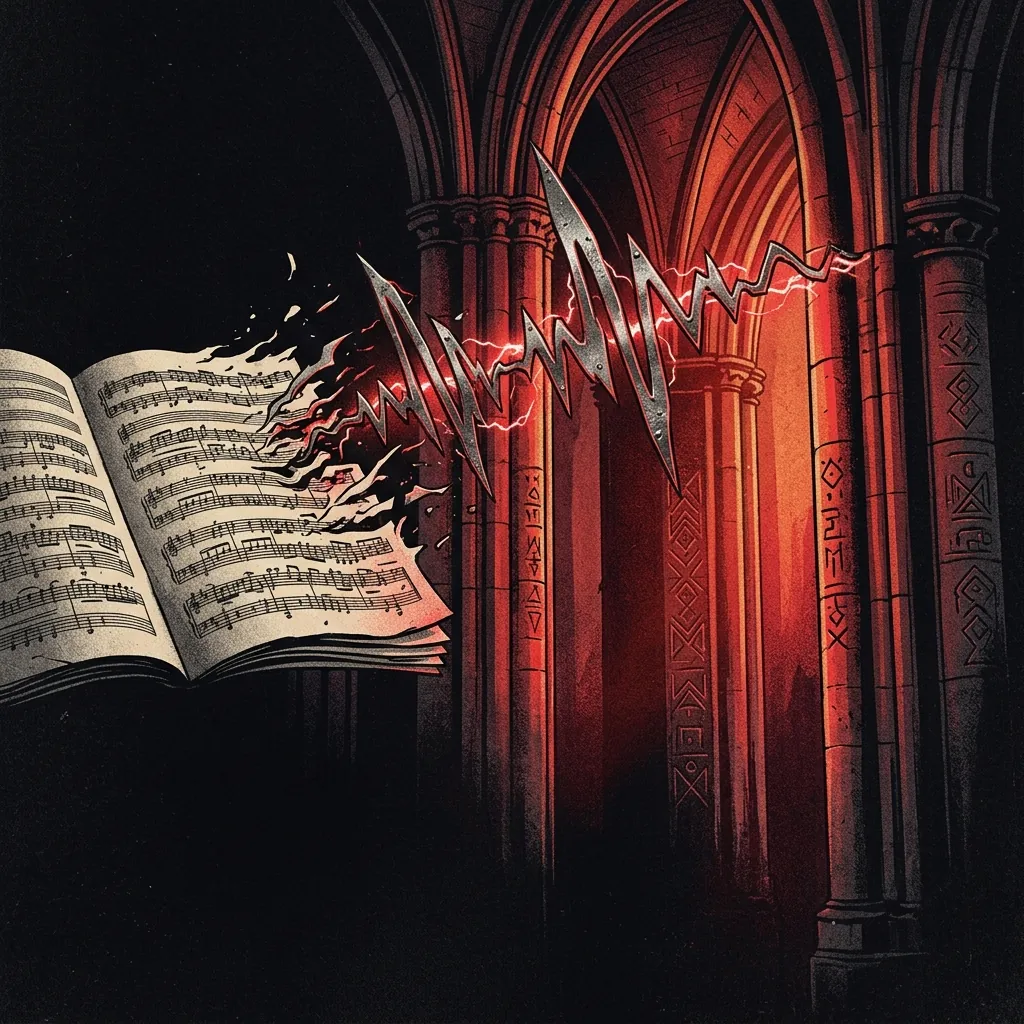 ilustración tributo de una partitura orquestal que se transforma en ondas de sonido metálico entre columnas de una catedral gótica iluminada en rojo, símbolos medievales grabados en piedra, metal sinfónico de los Países Bajos, sin texto ni logotipos, paleta rojo y negro con destellos escarlata