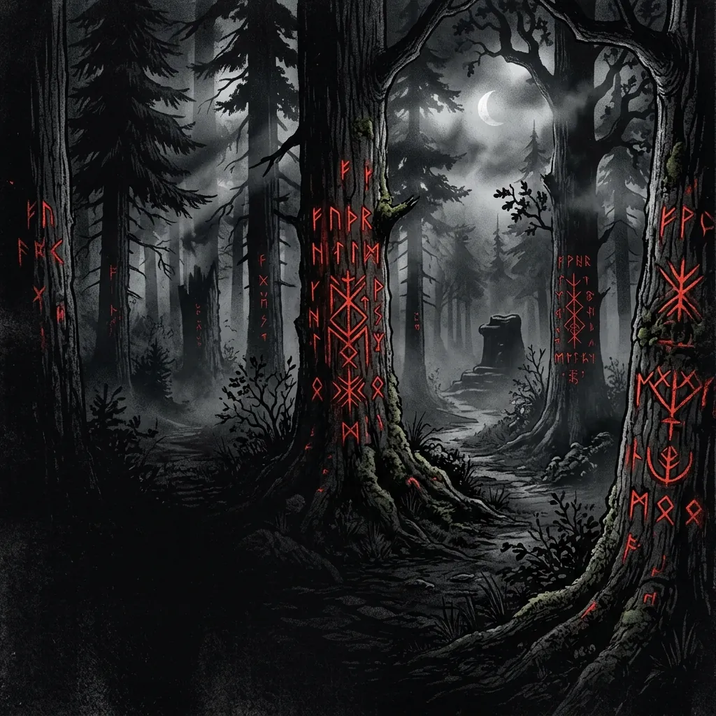 ilustración tributo de un bosque bávaro nocturno con runas antiguas grabadas en los árboles, atmósfera folk metal épico de principios de los años 2000, sin rostros reconocibles ni logos, paleta rojo y negro con destellos de luz entre la niebla